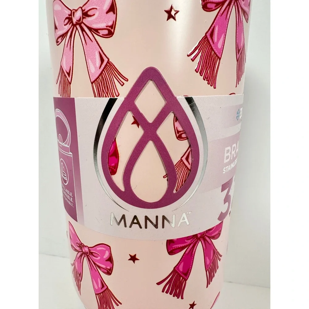 Manna Bracelet Tumbler Women 32oz‎ Pink NEW 3D Bow Stainless Steel Straw Handle